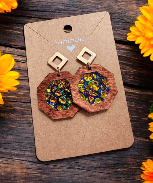 Wood & Dichrolam Acrylic Earrings on Gold Triangle Studs