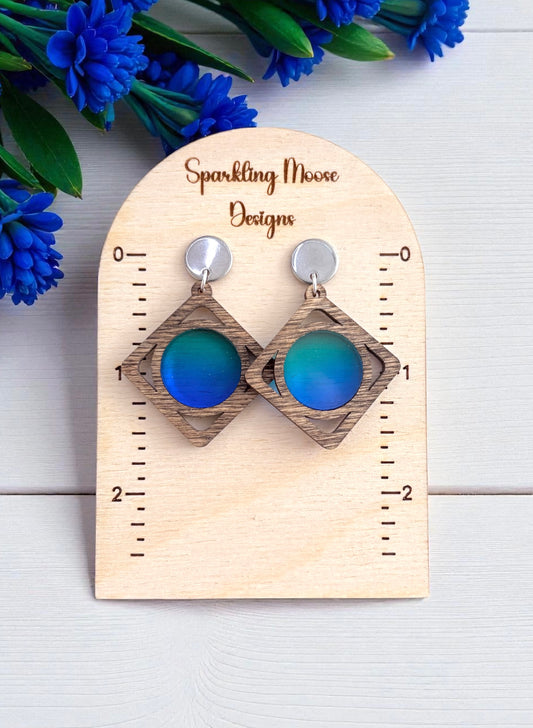 Wood w/ Blue/Green Acrylic Inlay Earrings