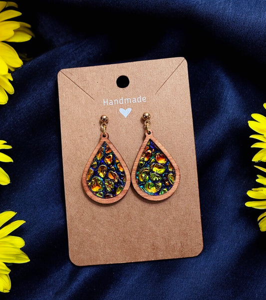 Wood & Dichrolam Acrylic Earrings on Gold Ball Studs