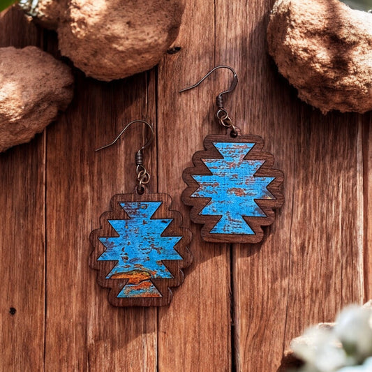 Wood Aztec Inlay Earrings