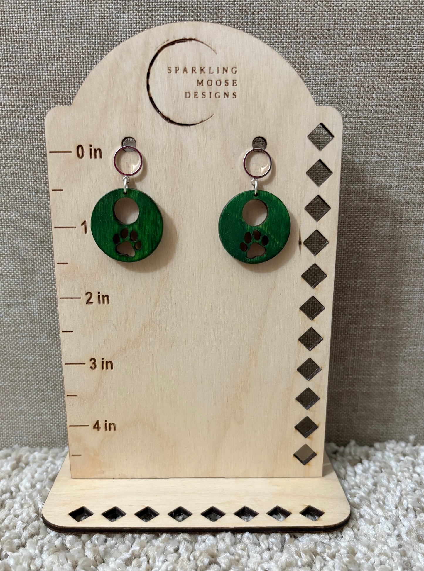 Green Wood Paw Print Earrings