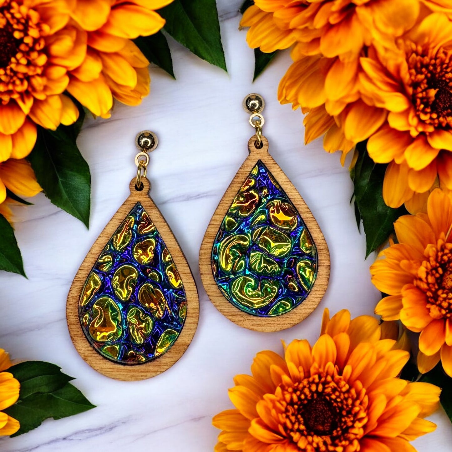 Wood & Dichrolam Acrylic Earrings on Gold Ball Studs
