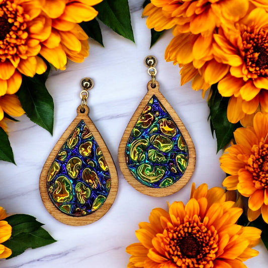 Wood & Dichrolam Acrylic Earrings on Gold Ball Studs