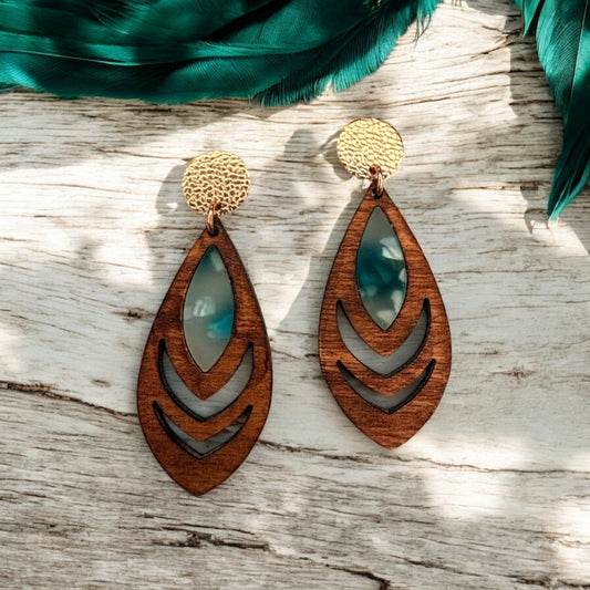 Wood Earrings w/ White & Teal Acrylic Inlay