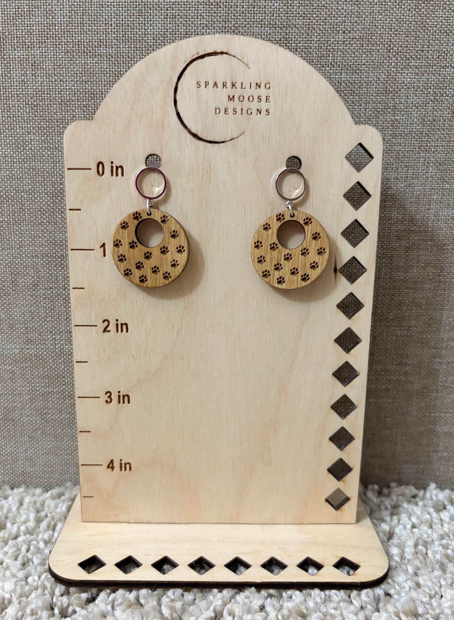 Wood Paw Print Engraved Earrings