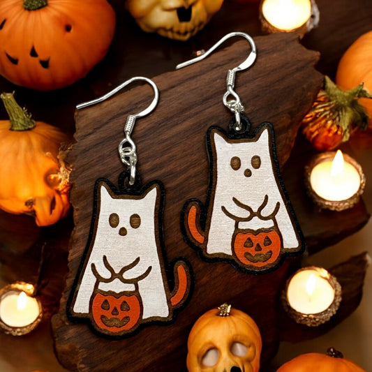 Kitty Ghost Wood Earrings