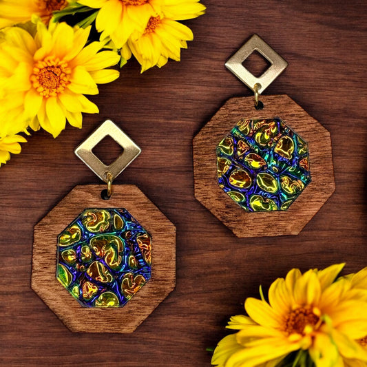 Wood & Dichrolam Acrylic Earrings on Gold Triangle Studs