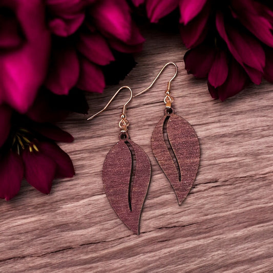 Sparkle Burgundy Leaf Wood Earrings