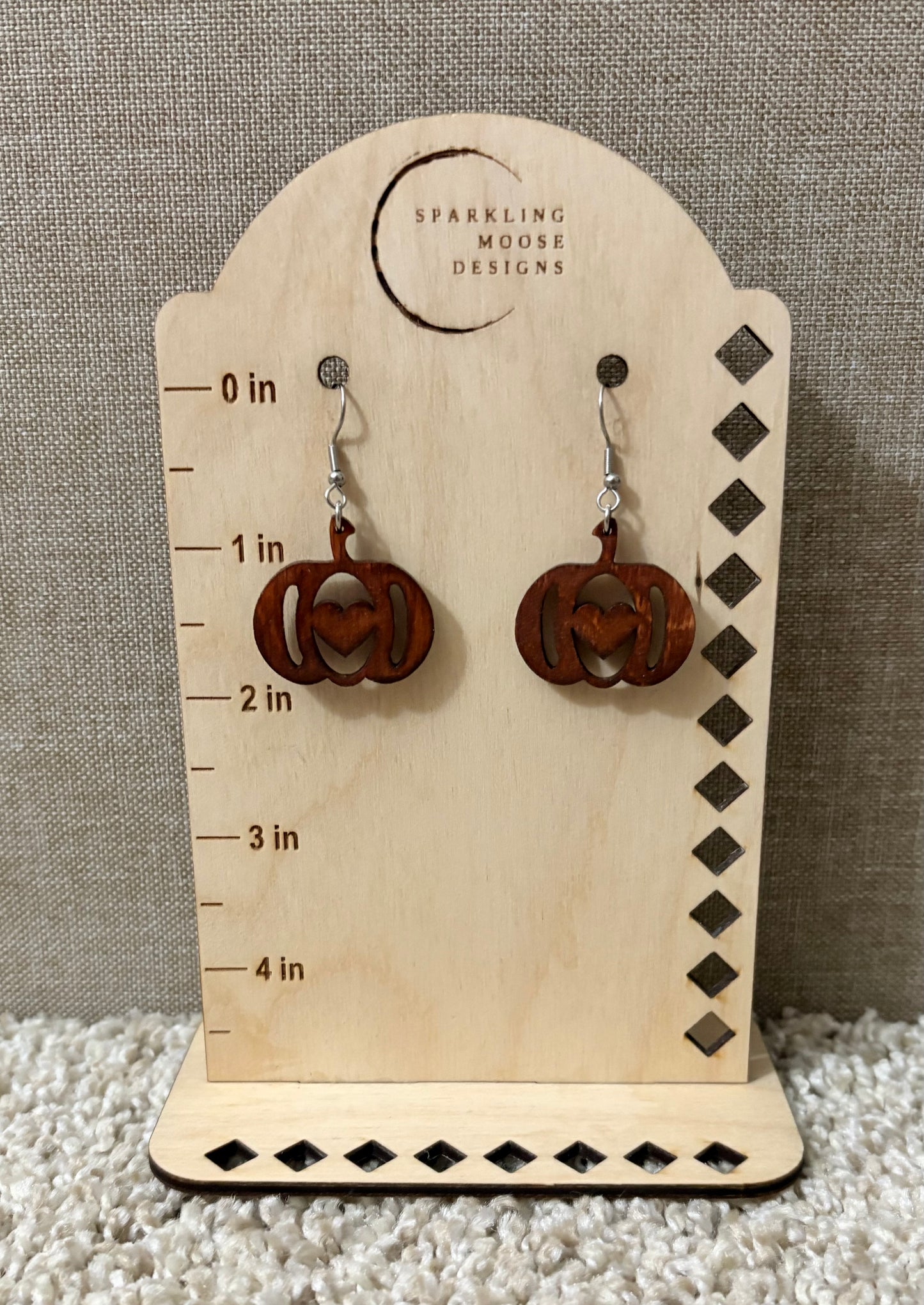Pumpkin w/ Heart Wood Earrings.