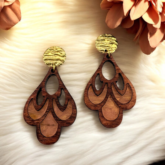Wood w/ Peach Acrylic Inlay Earrings