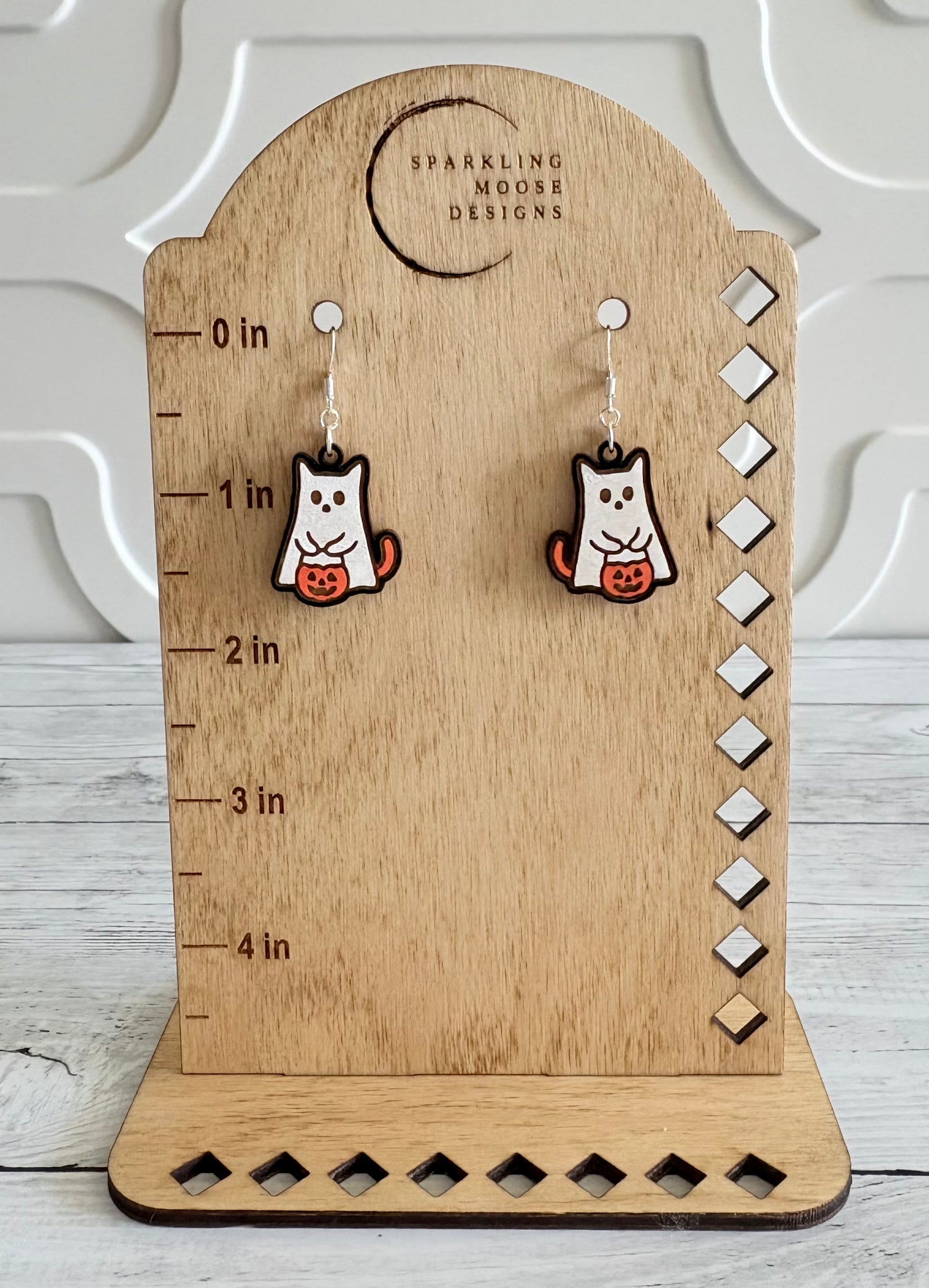 Kitty Ghost Wood Earrings