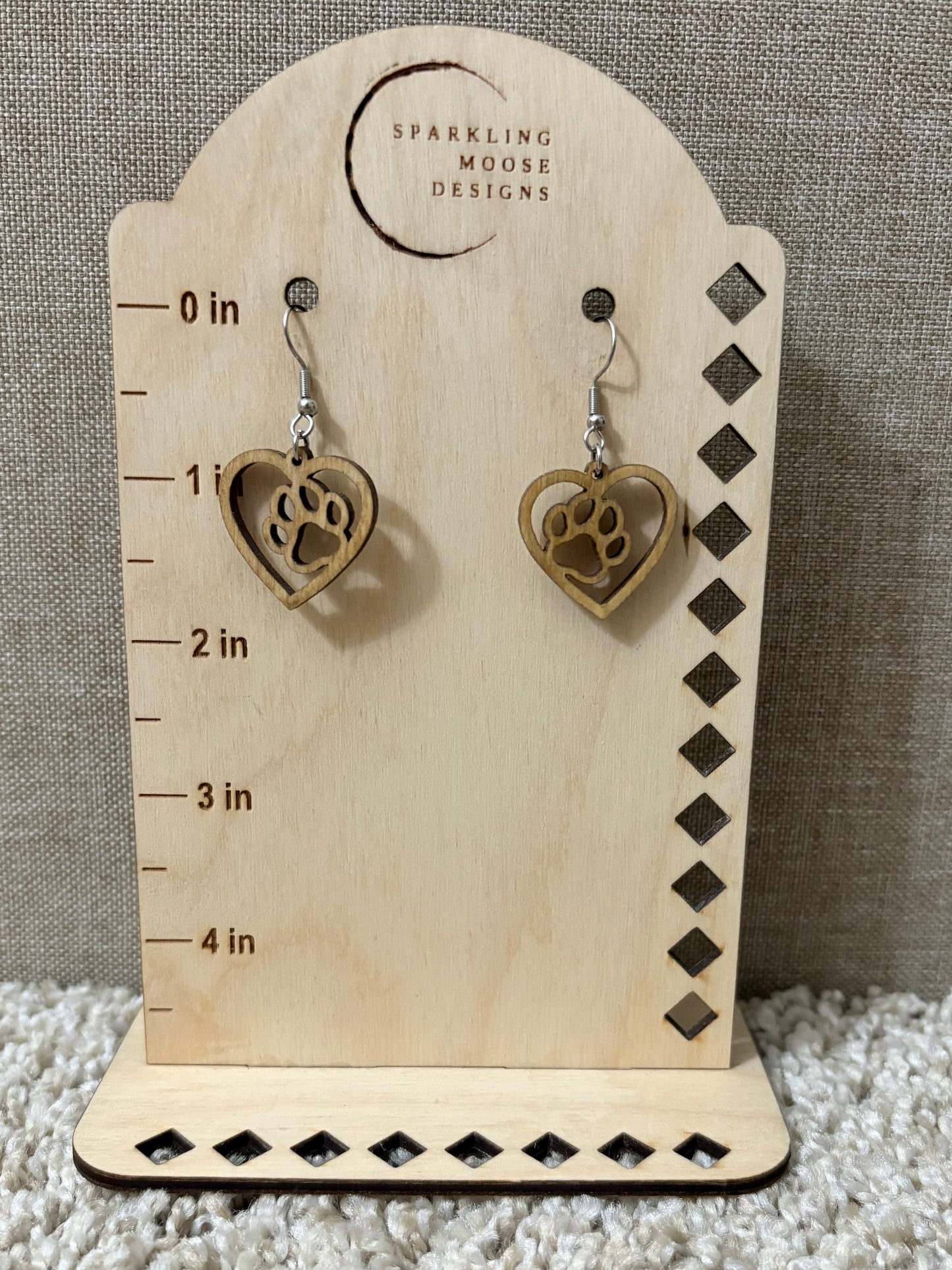 Stained Wood Paw Print Heart Earrings