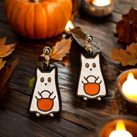 Cute Kitty Ghost Wood Earrings