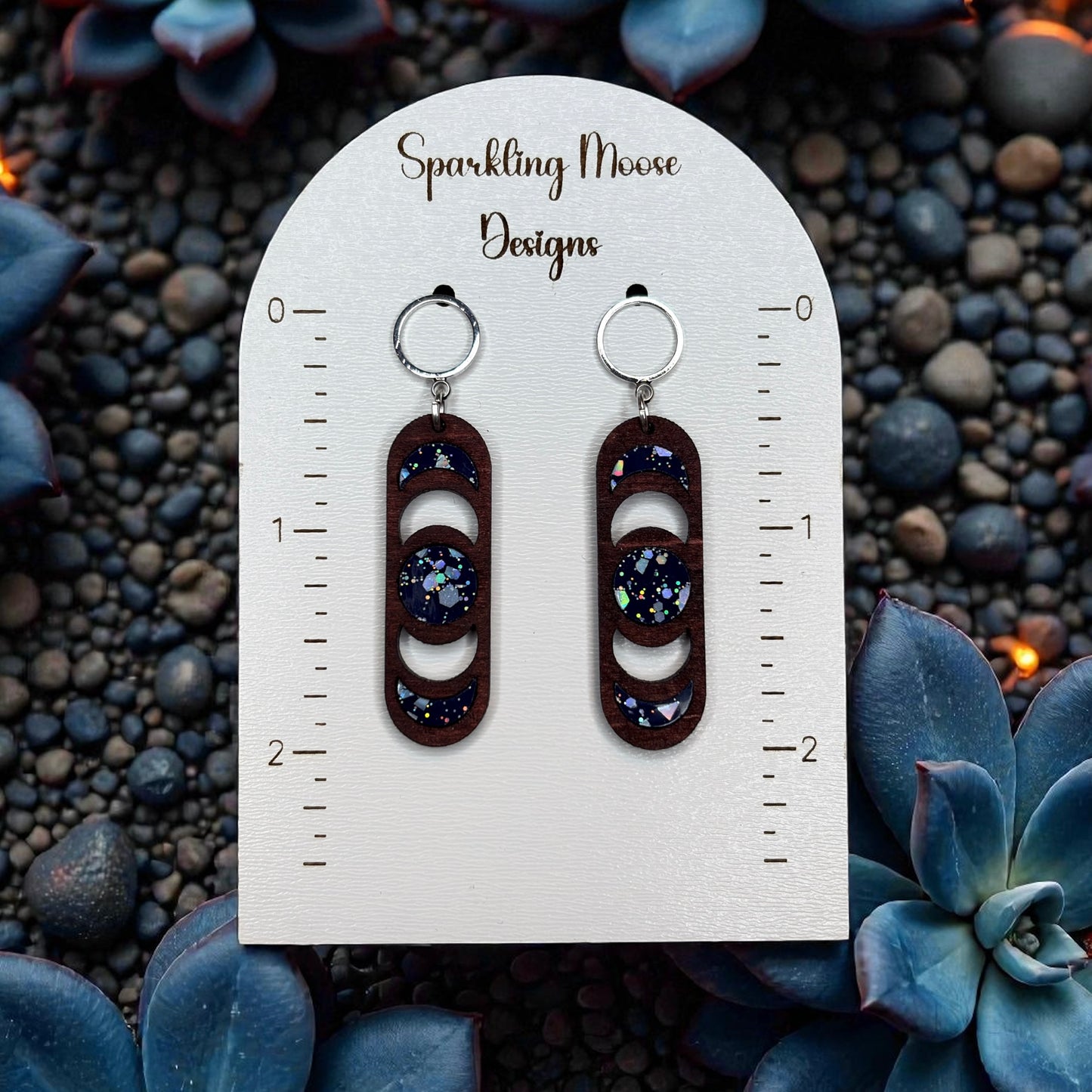 Dark Blue with Holo Glitter Acrylic Inlay Wood Earrings