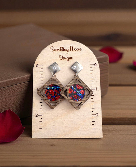 Wood Earrings w/ Dichrolam Acrylic Inlay