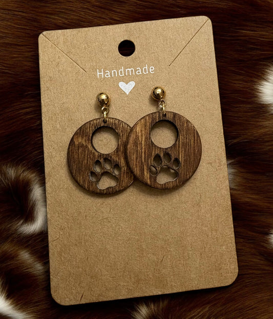Brown Wood Paw Print Earrings