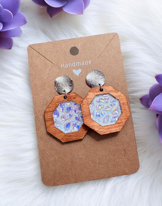 Wood & White Dichrolam Acrylic Earrings on Silver Round Studs