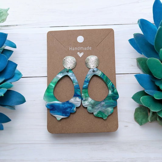 Blue & Green Swirl Acrylic Scallop Earrings w/ Silver Round Textured Posts