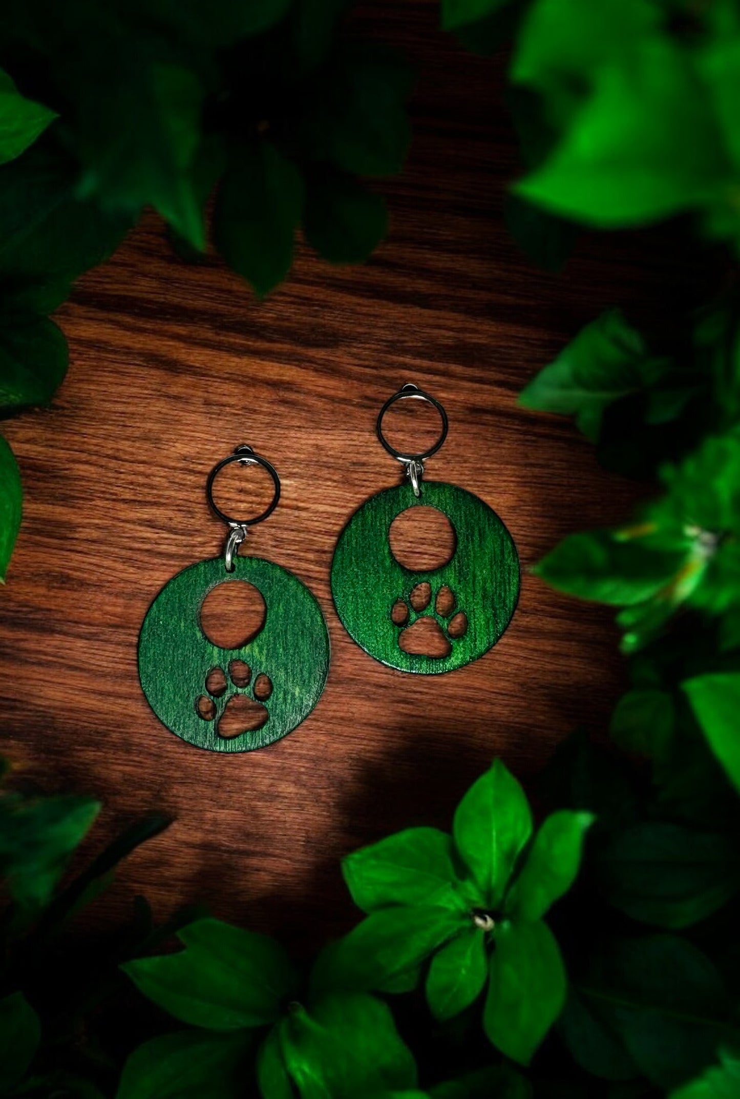 Green Wood Paw Print Earrings