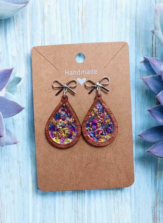 Wood & Dichrolam Acrylic Earrings on Silver Bow Studs