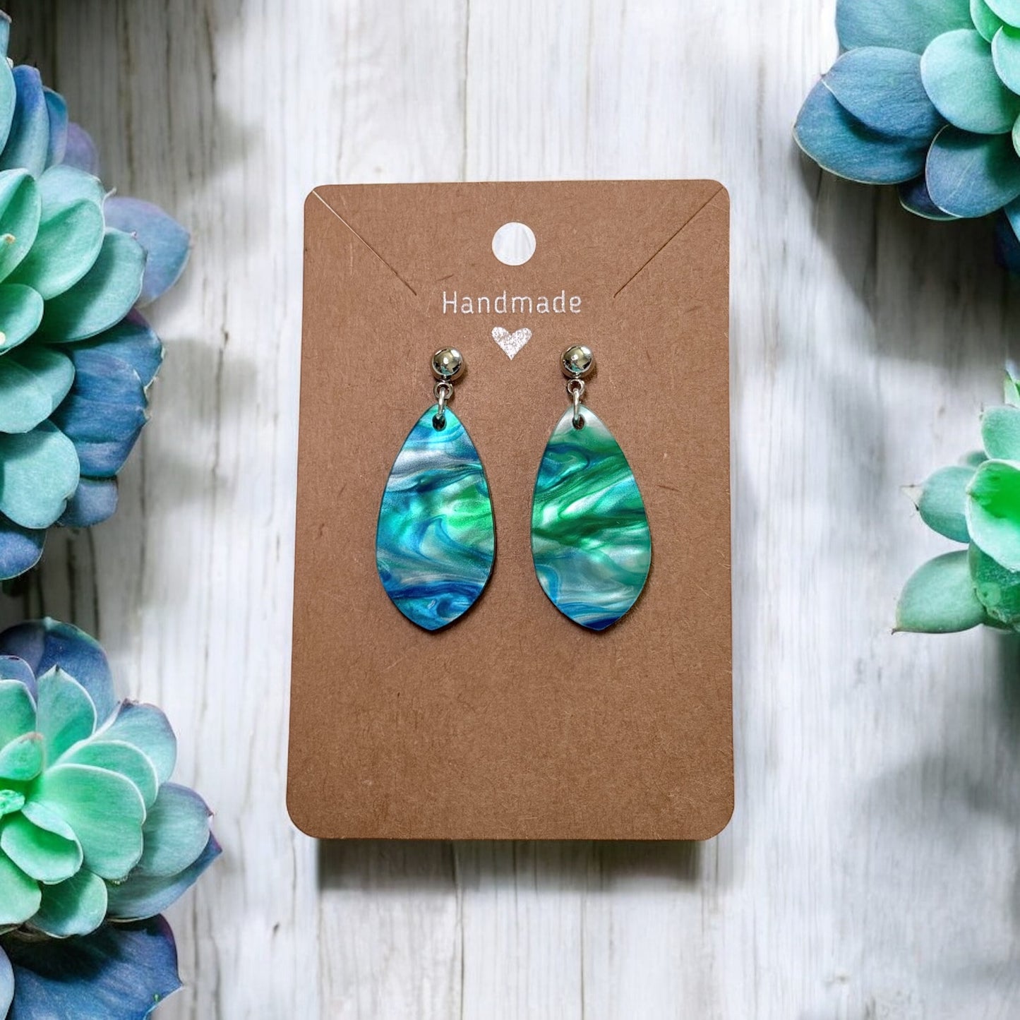Blue & Green Swirl Acrylic Earrings w/ Silver Stud Posts