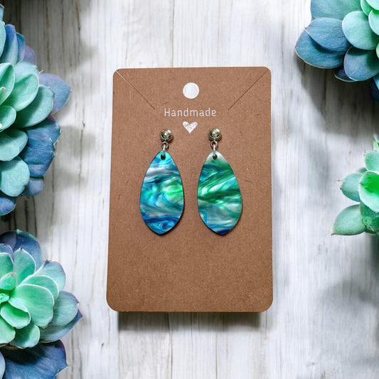 Blue & Green Swirl Acrylic Earrings w/ Silver Stud Posts