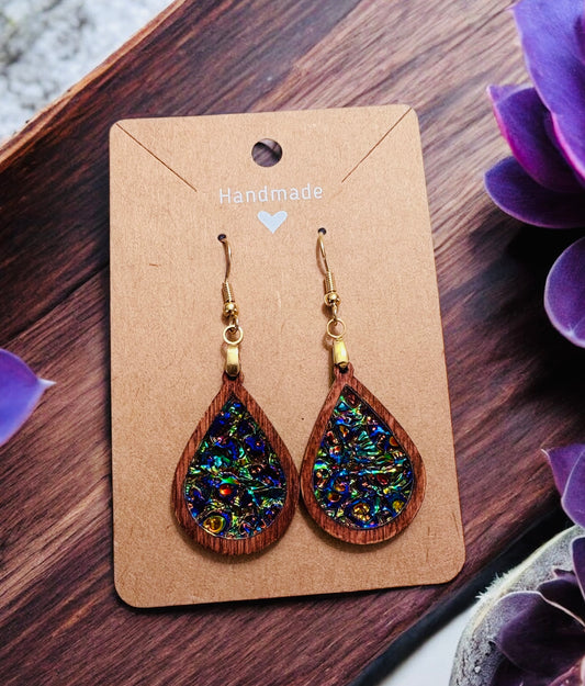 Teardrop Wood & Dichrolam Acrylic Earrings