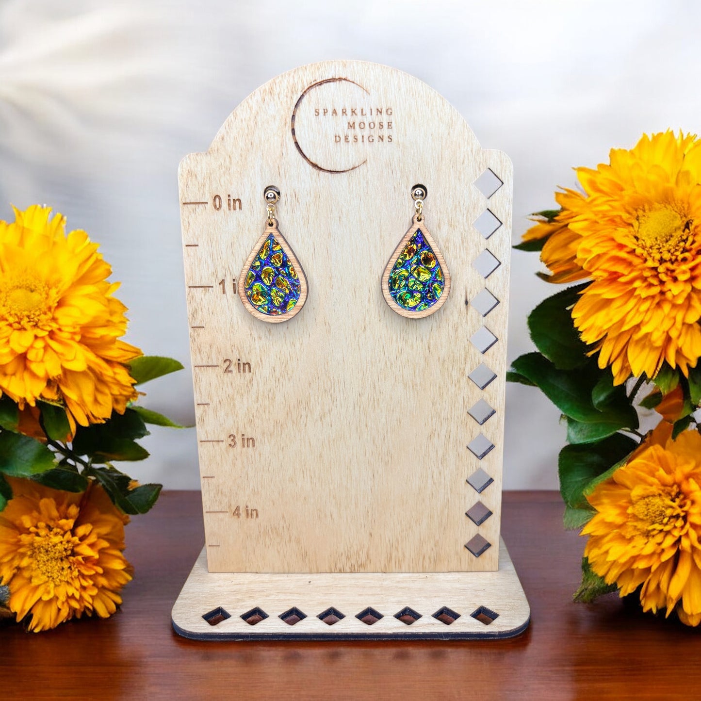 Wood & Dichrolam Acrylic Earrings on Gold Ball Studs