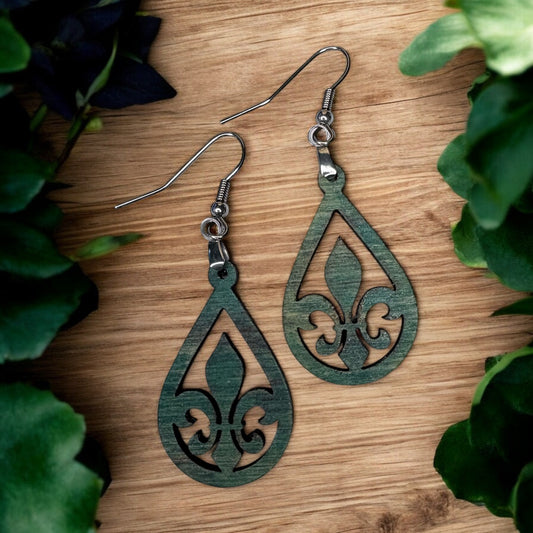 Green Fleur de Lis Wood Earrings
