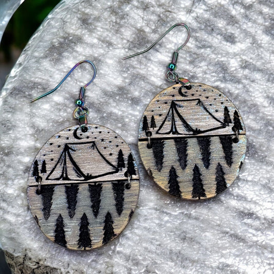 Camping Tent Wood Earrings