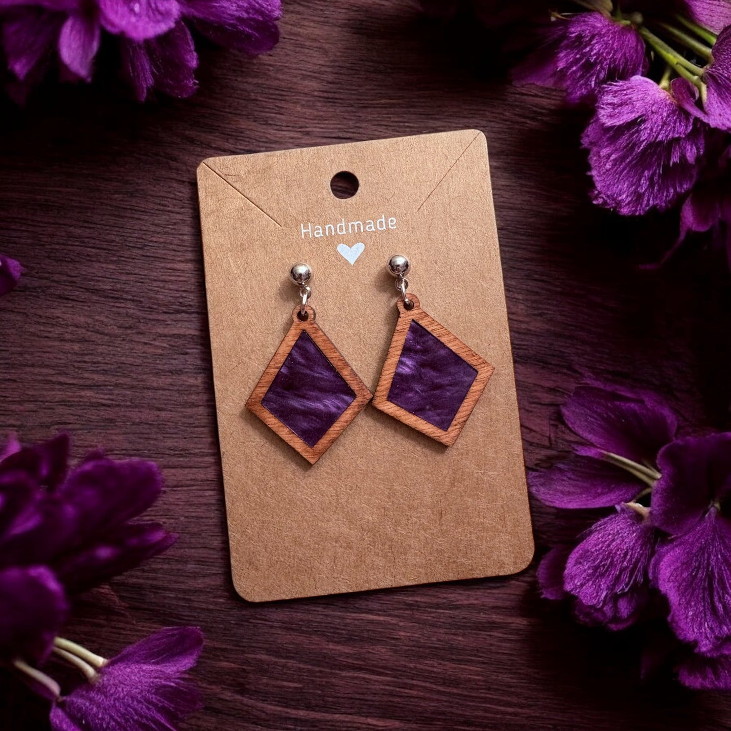 Wood w/ Purple Acrylic Inlay Earrings