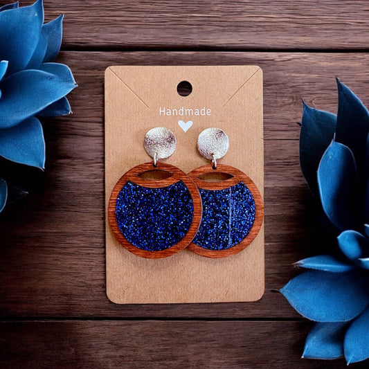 Blue Glitter & Wood Inlay Earrings