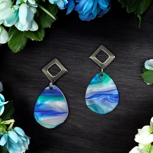 Blue & Green Swirl Acrylic w/ Black Triangle Stud Posts