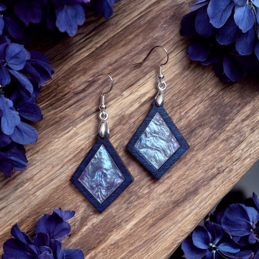 Blue Wood & Acrylic Inlay Earrings
