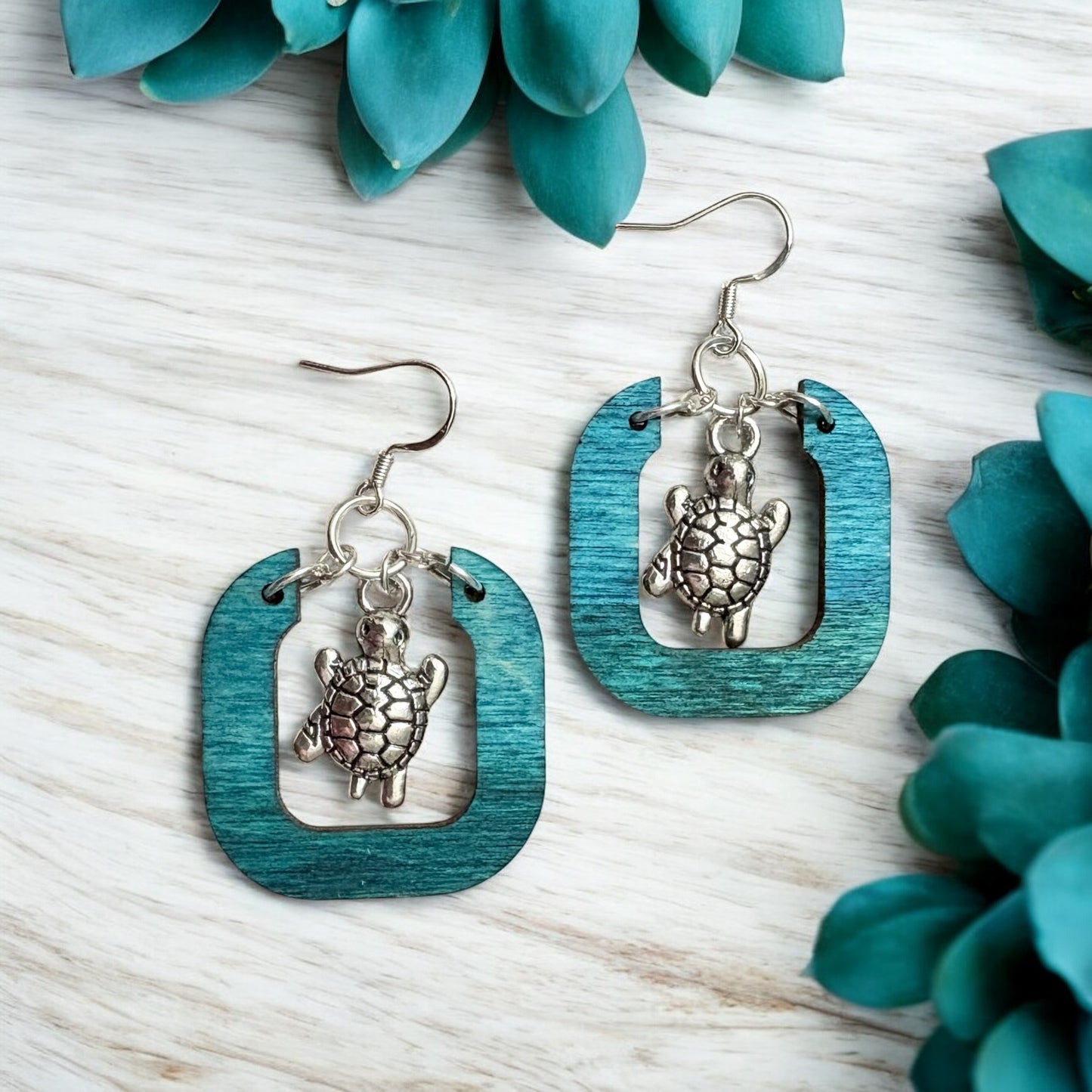 Wood Earrings with Turtle Charms