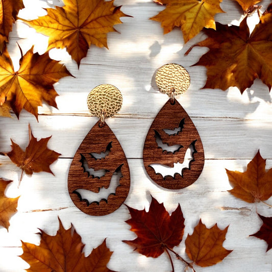 Bat Teardrop Wood Earrings