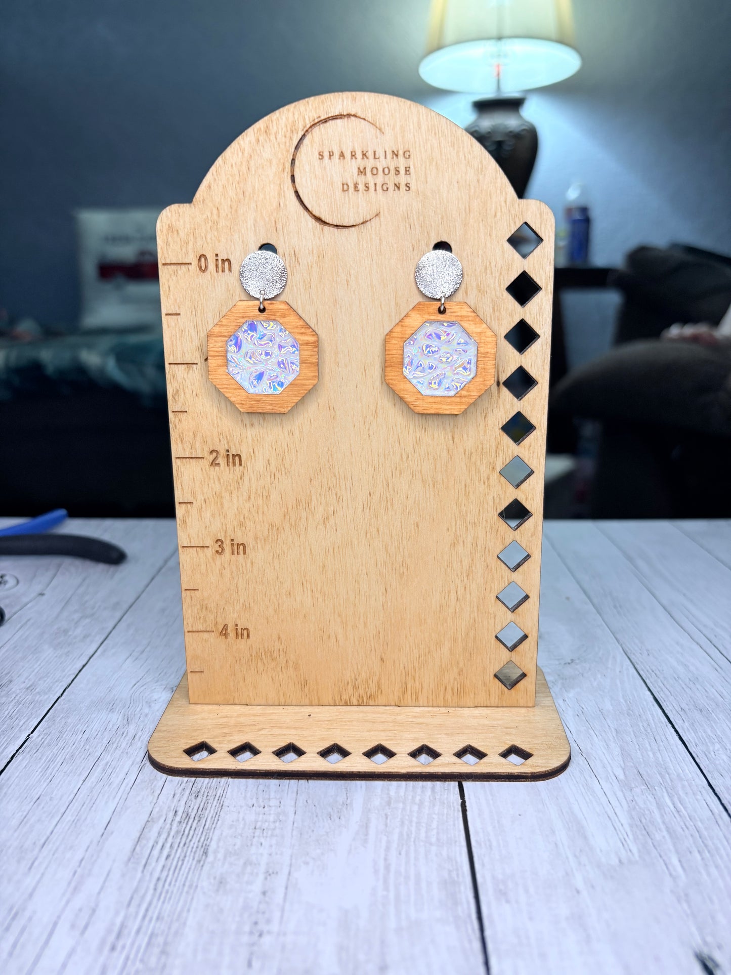 Wood & White Dichrolam Acrylic Earrings on Silver Round Studs