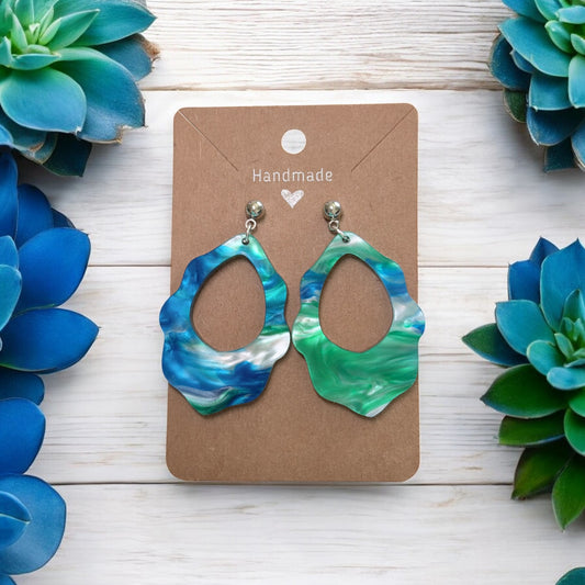 Blue & Green Swirl Acrylic Scallop Earrings w/ Silver Ball Studs