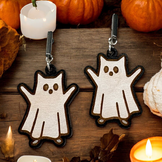 Kitty Ghost Wood Earrings