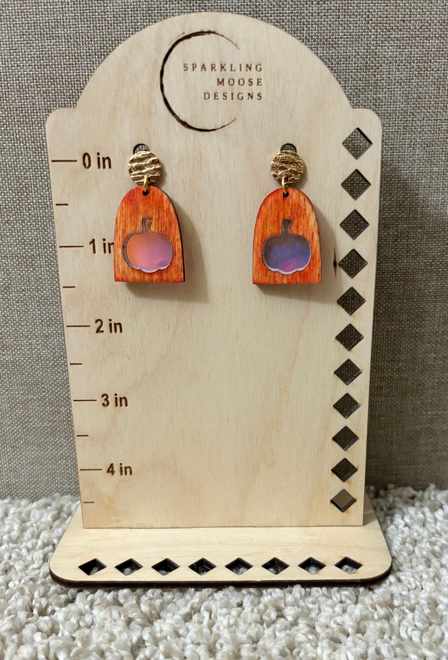 Orange Wood Earrings w/ Pumpkin Holographic Acrylic Inlay