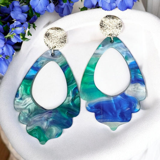 Blue & Green Swirl Acrylic Scallop Earrings w/ Silver Round Textured Posts