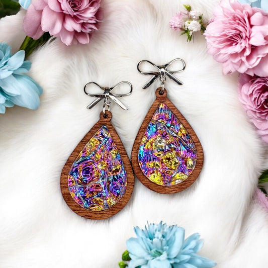 Wood & Dichrolam Acrylic Earrings on Silver Bow Studs