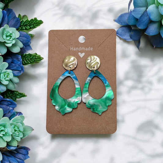 Blue & Green Swirl Acrylic Scallop Earrings w/ Gold Round Stud Posts