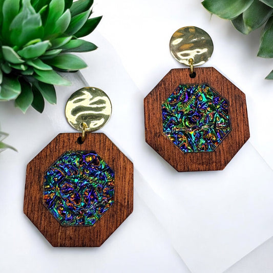 Wood & Dichrolam Acrylic Earrings on Gold Textured Studs