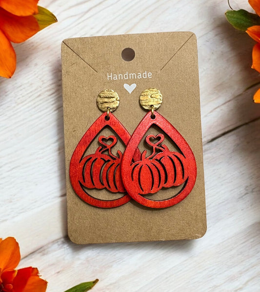 Orange Pumpkin w/ Heart Teardrop Earrings