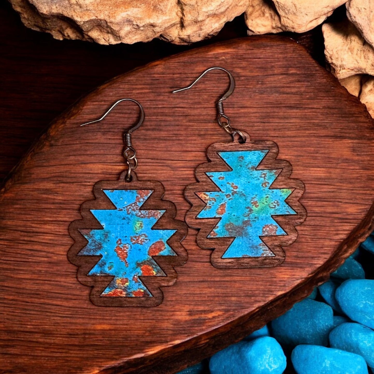 Wood Aztec Inlay Earrings