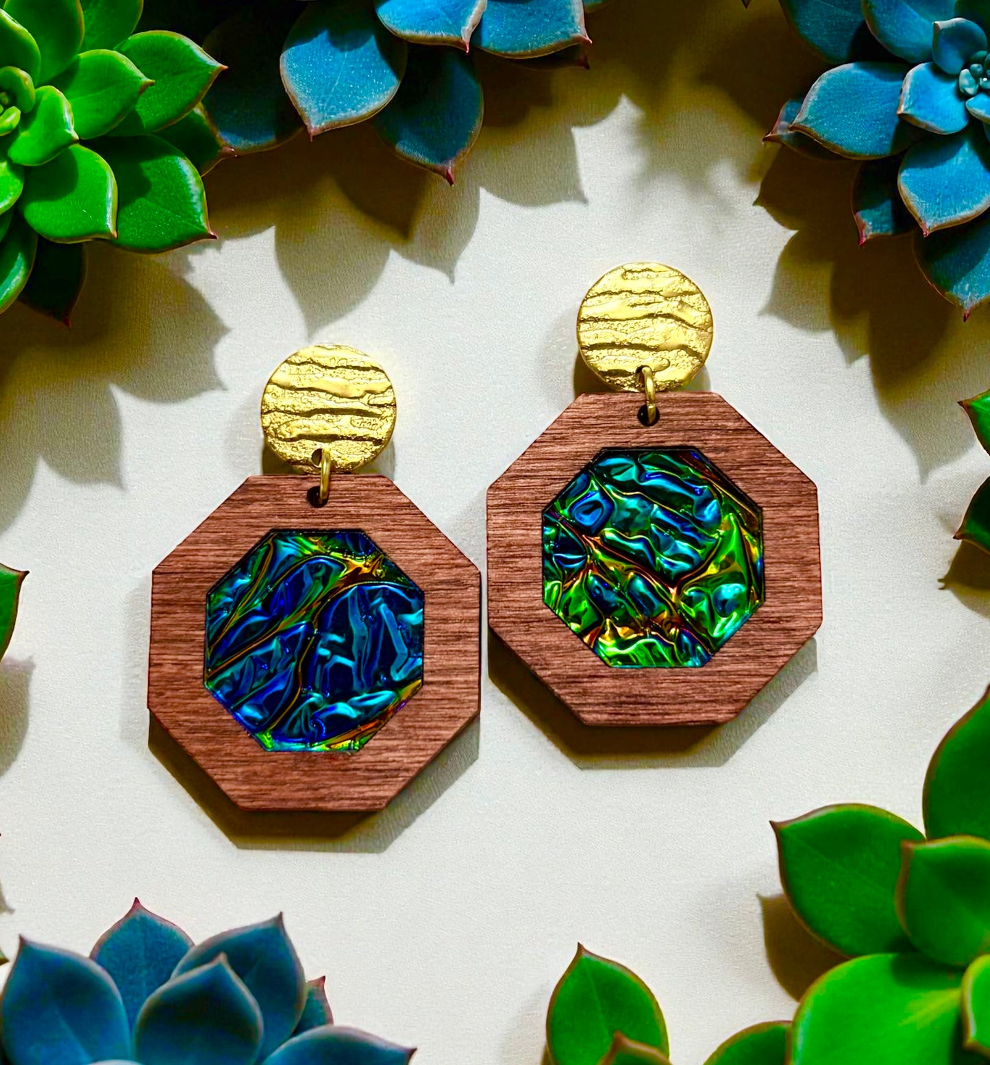 Wood w/ Dichrolam Acrylic Inlay Earrings