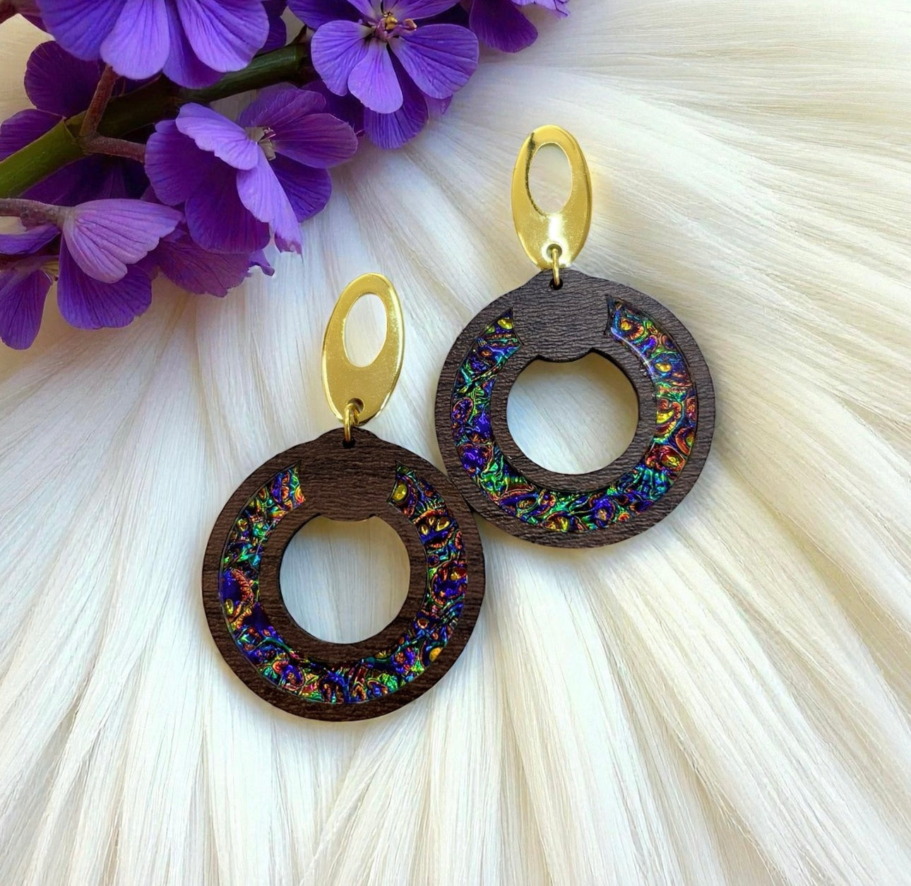 Round Wood w/ Dichrolam Acrylic Inlay Earrings