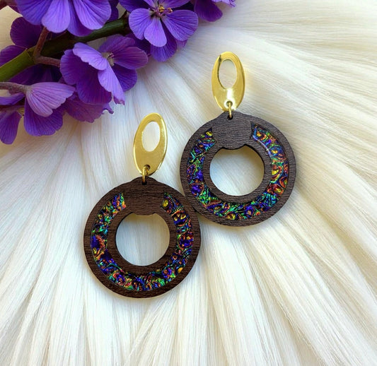 Round Wood w/ Dichrolam Acrylic Inlay Earrings