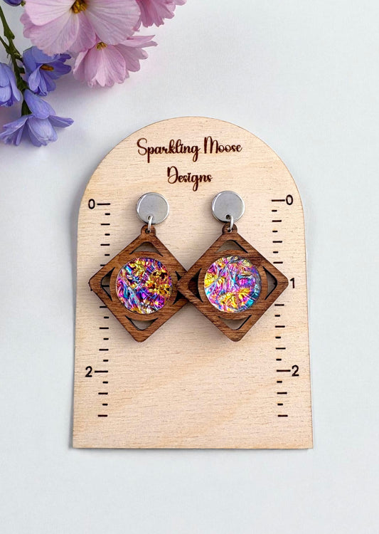 Wood w/ Dichrolam Acrylic Inlay Earrings